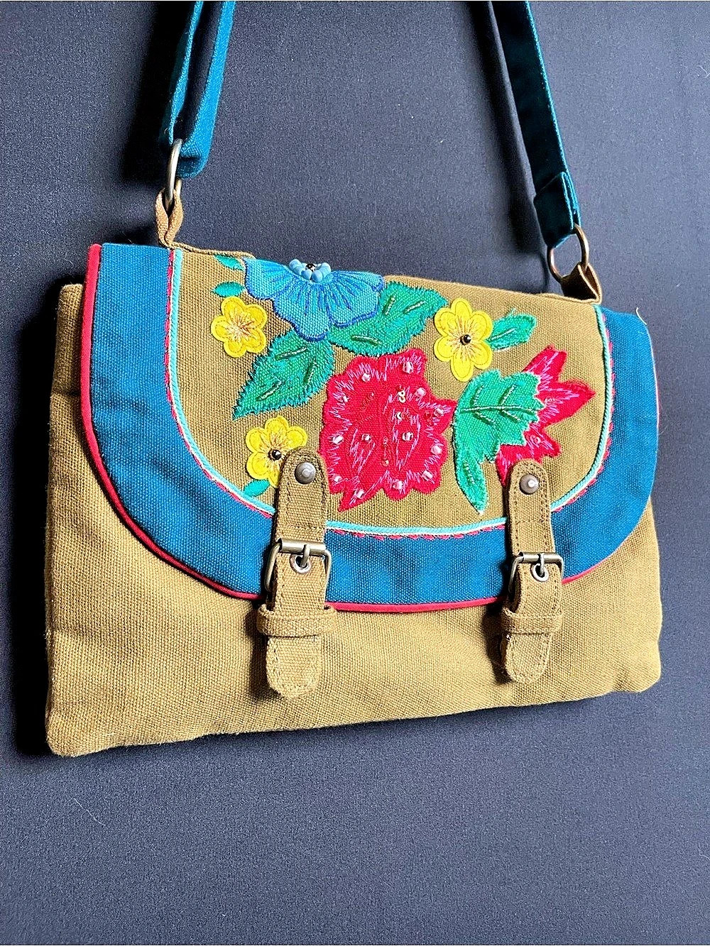 Melody Ross Floral Embroidered Shoulder Bag in Brown & Blue